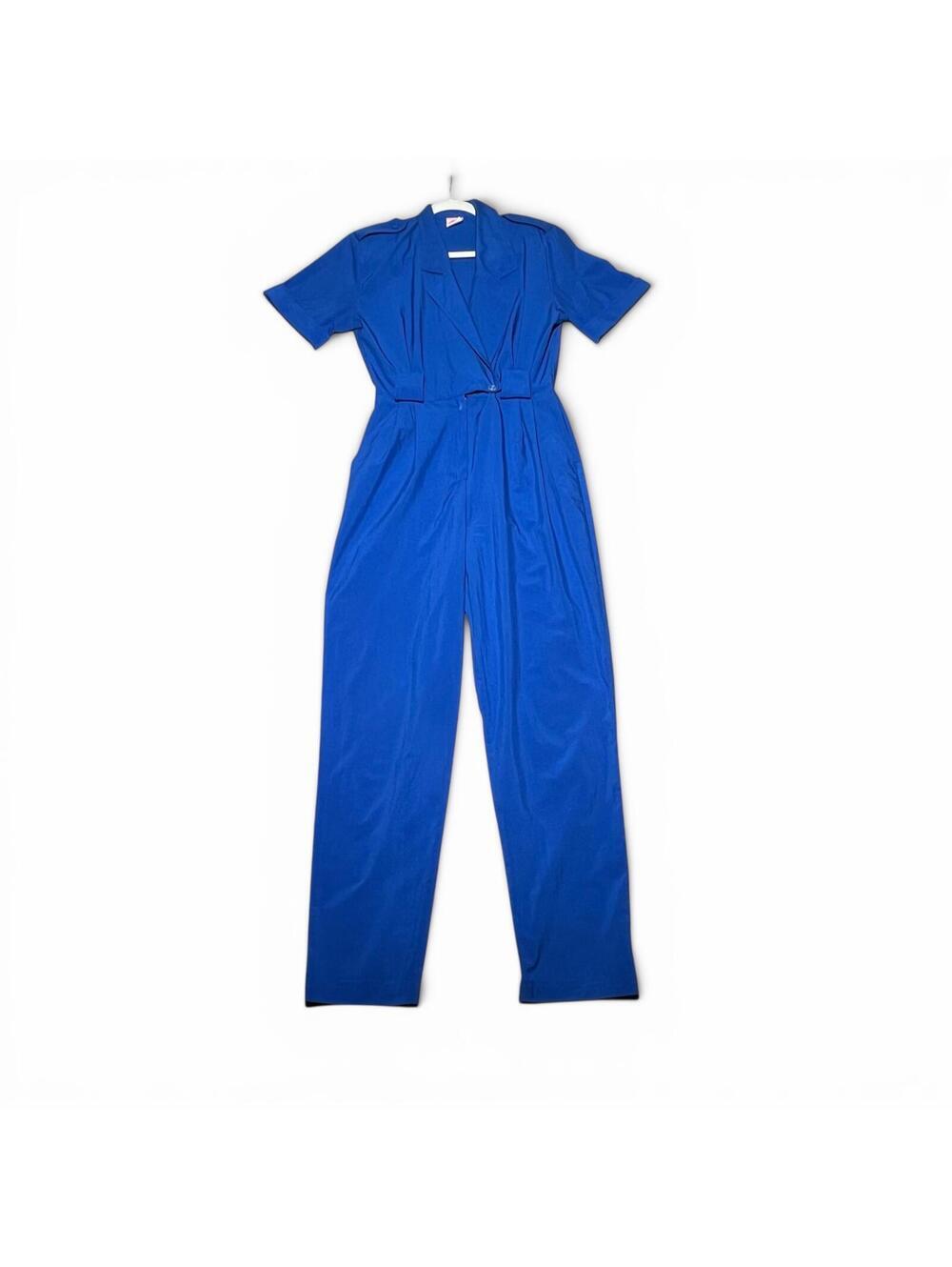Vintage 80s Blue Short Sleeve Wide Leg Jumpsuit Size 10